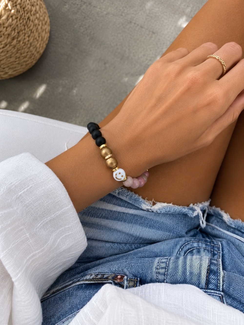 {Handmade} Smiley Face Bracelet in Black, Gold & Pink